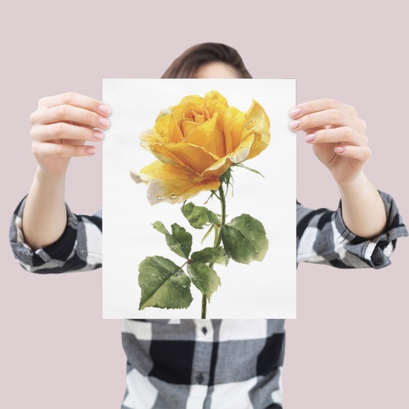 Watercolor Single Yellow Rose Wall Art Print Poster, Unframed - Delicate Floral - Picture 4 of 6
